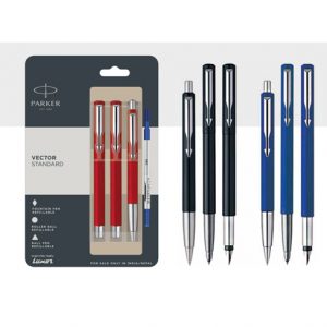 Parker Vector ball pen + Roller ball pen + Fountain pen with stainless steel trim