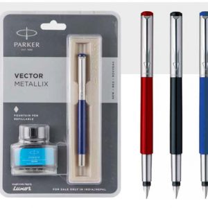 Parker vector metallix fountain pen with stainless steel trim + ink bottle