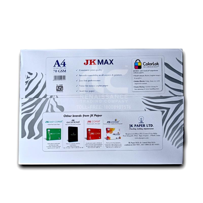 JK MAX | 70 GSM | A4 Size Copier, Printing & Photostat Paper | Unruled | 210 x 297 mm | 500 N Sheets (1 Ream/Packet) – 10 Reams | 1 Box | Wholesale Distributor Rates